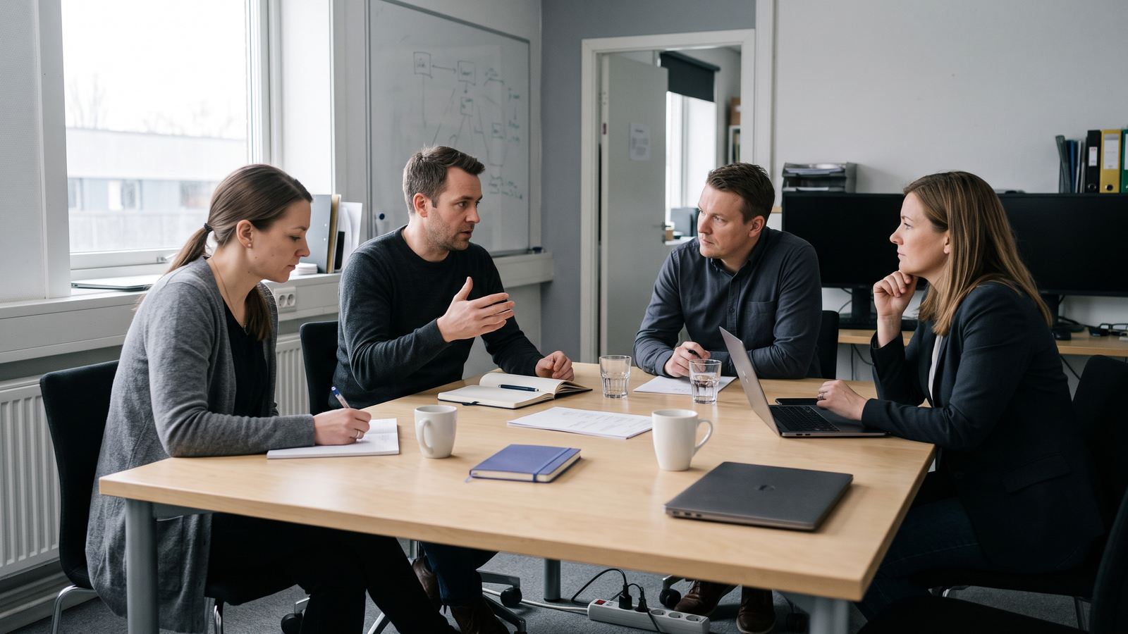 Four colleagues talking around a shared office table